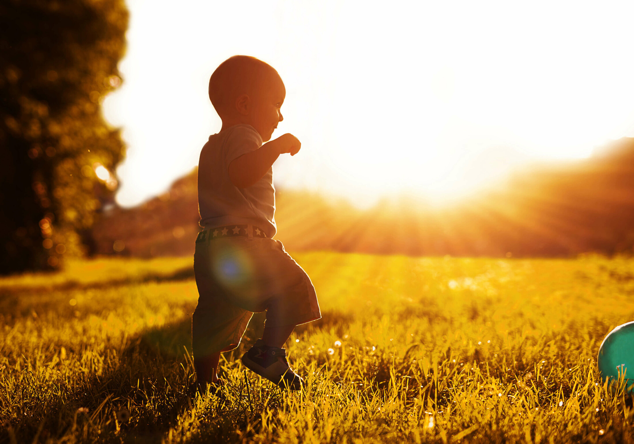 Kleinkind auf Feld mit Sonne im Hintergrund