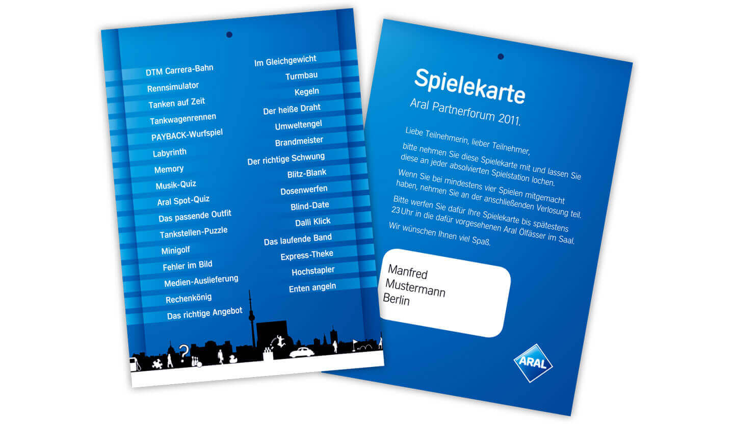 Mediendesign & Produktion aller Druckerzeugnisse für das Partnerforum 2011 von ARAL Spielekarte einer der Spielstationen der Veranstaltung