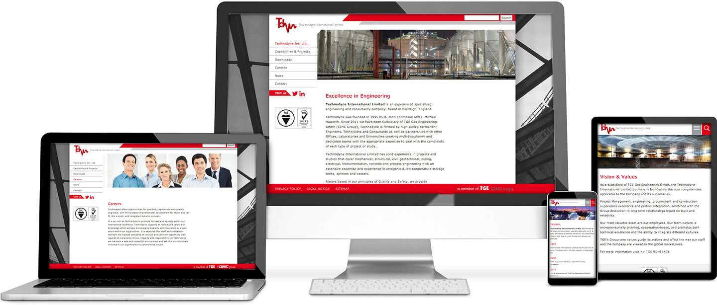 Technodyne International Limited reaktivionsfähig durch Media Queries (CSS3), auf Contao-Basis Responsive Web Design auf www.technodyne.co.uk für die TGE-Tochter