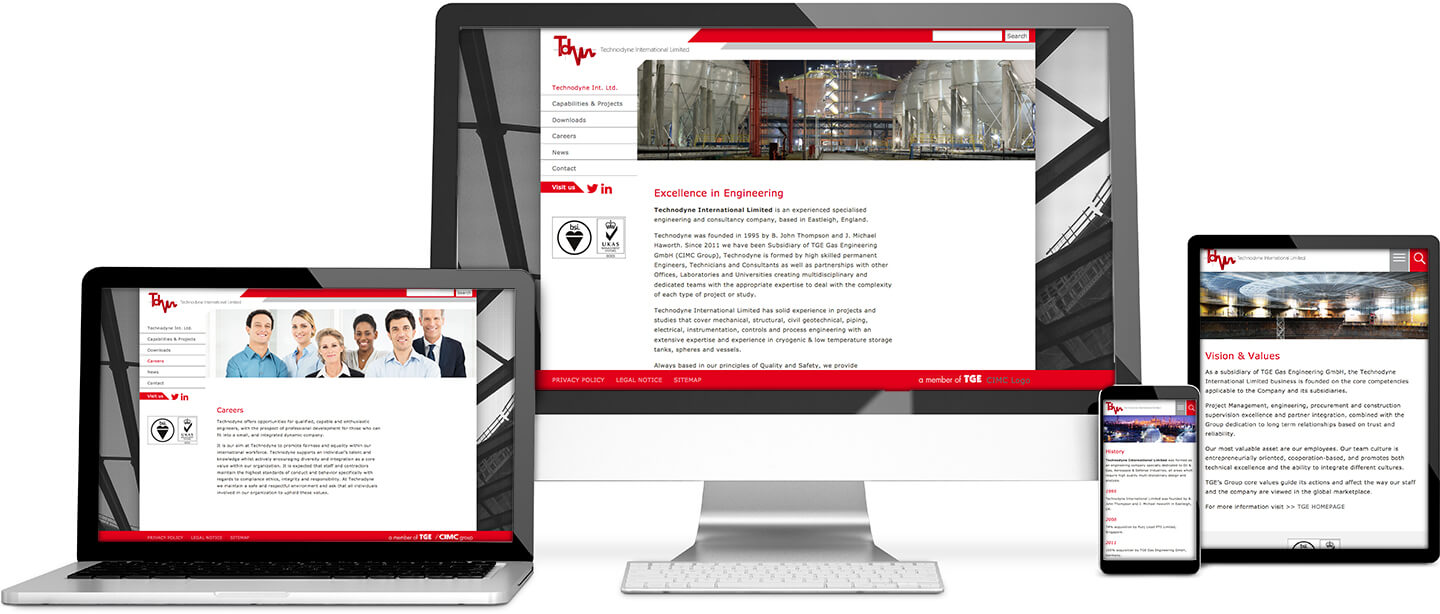 Responsive Web Design auf www.technodyne.co.uk für die TGE-Tochter