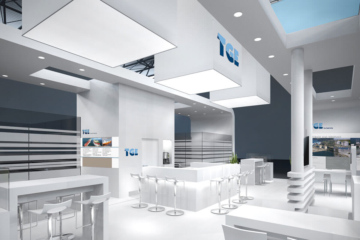 Design und schnelle Umsetzung für den TGE Messestand Innenansicht des Messestand-Entwurf für den Gastech-Messestand von TGE
